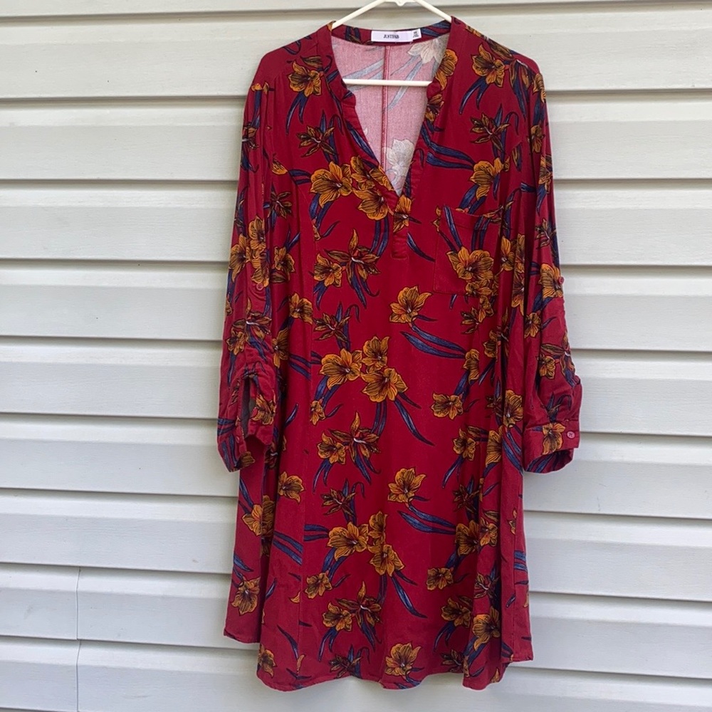 JustFab Red Long Sleeve Dress with Lillies